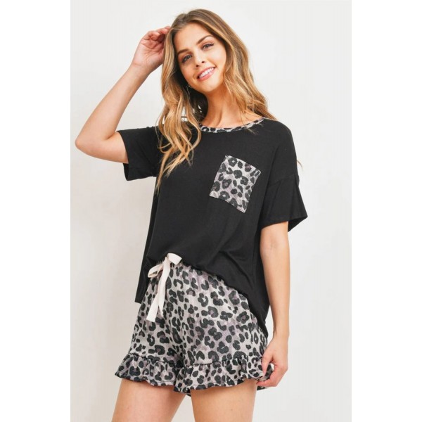 Black Top Leopard Pocket and Short Lounge Set