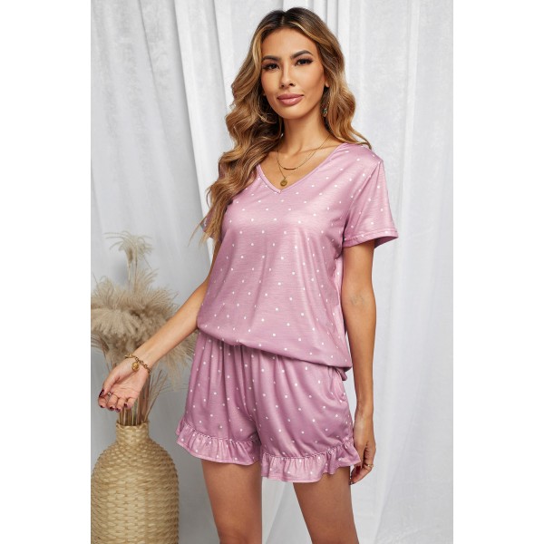 Pink Dotted V Neck Tee and Ruffled Shorts Lounge Set