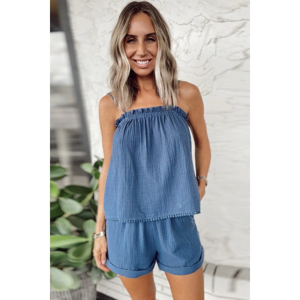 Blue Spaghetti Straps Vest and Shorts Lounge Set