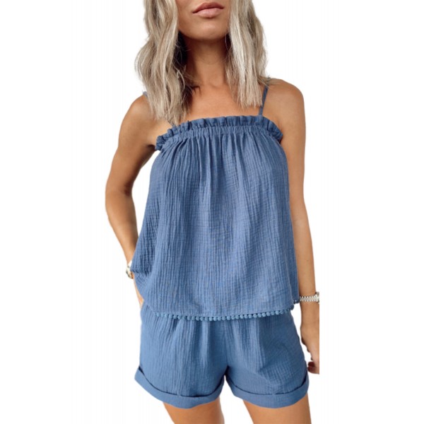 Blue Spaghetti Straps Vest and Shorts Lounge Set