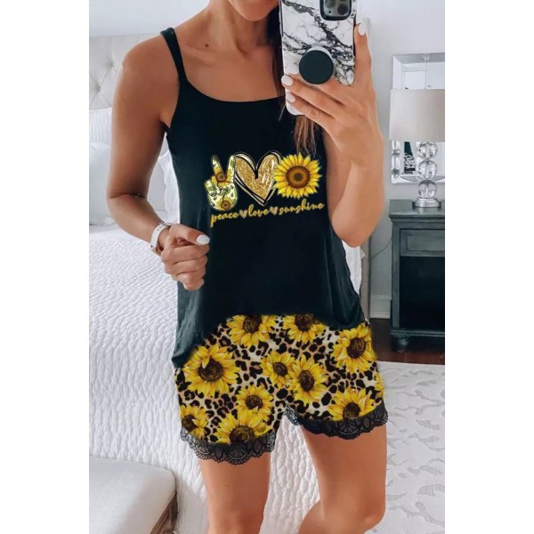 Leopard Sunflower Lace Cami Loungewear Set