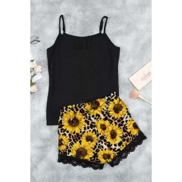 Leopard Sunflower Lace Cami Loungewear Set