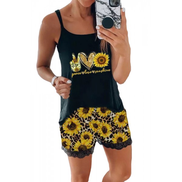 Leopard Sunflower Lace Cami Loungewear Set