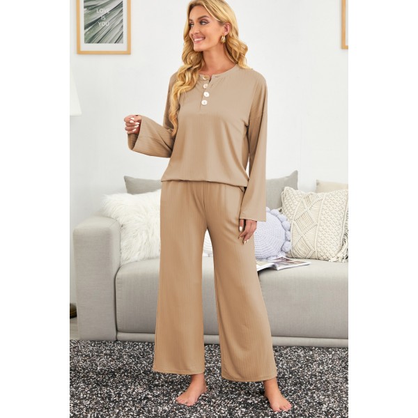 Apricot Long Sleeve Buttoned Wide Leg Lounge Wear
