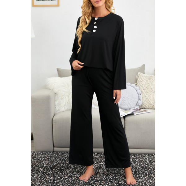 Black Long Sleeve Buttoned Wide Leg Lounge Wear