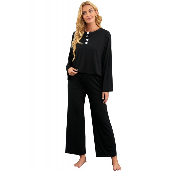 Black Long Sleeve Buttoned Wide Leg Lounge Wear