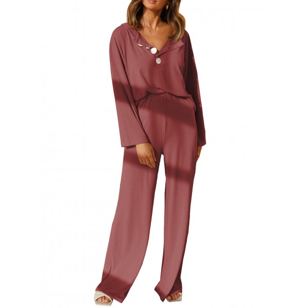 Long Sleeve Buttoned Wide Leg Lounge Wear