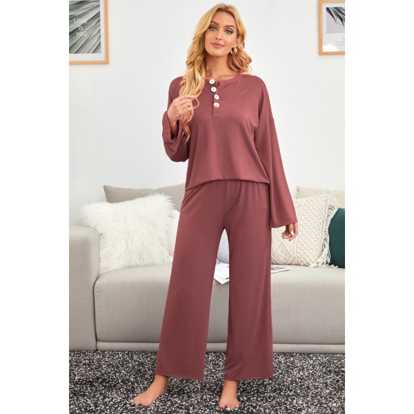 Long Sleeve Buttoned Wide Leg Lounge Wear