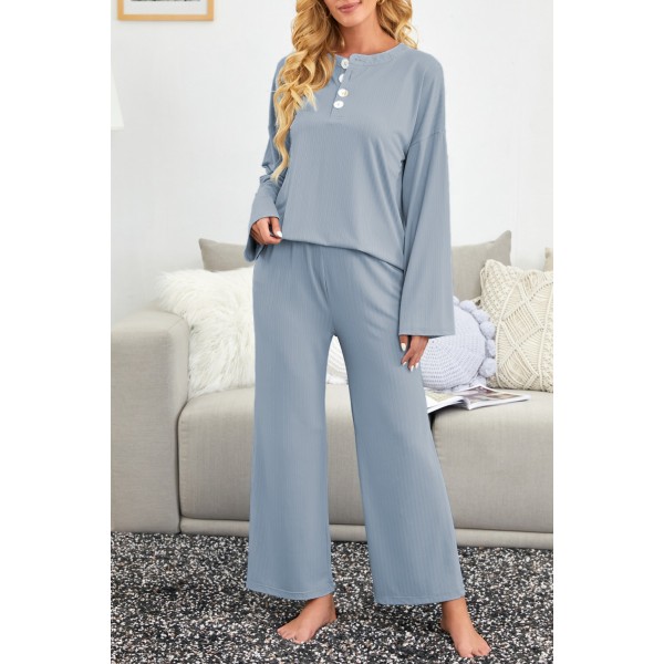 Blue Long Sleeve Buttoned Wide Leg Lounge Wear