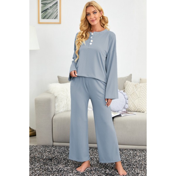 Blue Long Sleeve Buttoned Wide Leg Lounge Wear