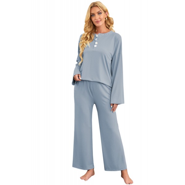 Blue Long Sleeve Buttoned Wide Leg Lounge Wear