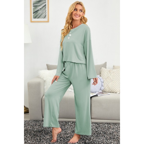 Green Long Sleeve Buttoned Wide Leg Lounge Wear