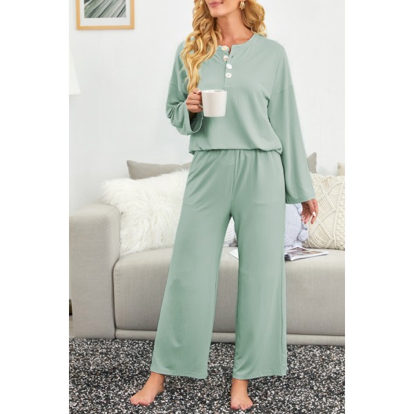 Green Long Sleeve Buttoned Wide Leg Lounge Wear