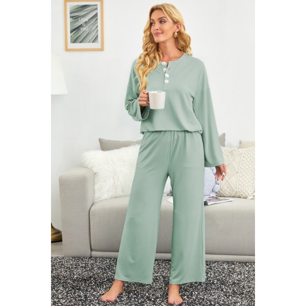 Green Long Sleeve Buttoned Wide Leg Lounge Wear