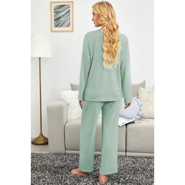 Green Long Sleeve Buttoned Wide Leg Lounge Wear