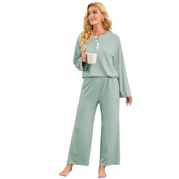 Green Long Sleeve Buttoned Wide Leg Lounge Wear