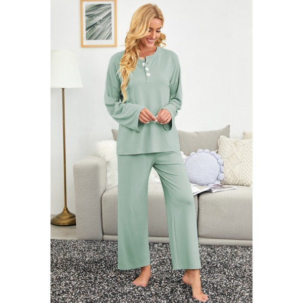 Green Long Sleeve Buttoned Wide Leg Lounge Wear