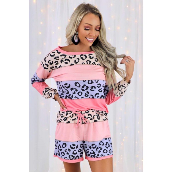 Leopard Stitching Colorblock Long Sleeve and Shorts Lounge Set