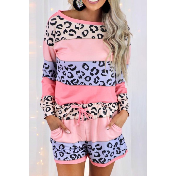 Leopard Stitching Colorblock Long Sleeve and Shorts Lounge Set