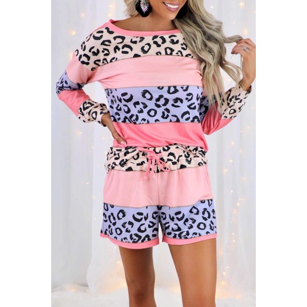 Leopard Stitching Colorblock Long Sleeve and Shorts Lounge Set
