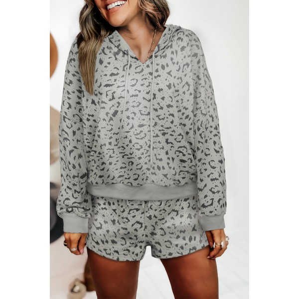 Leopard Two-piece Long Sleeve Hooded Top and Shorts Lounge Set