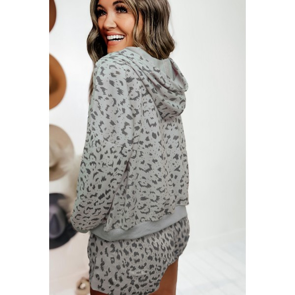 Leopard Two-piece Long Sleeve Hooded Top and Shorts Lounge Set