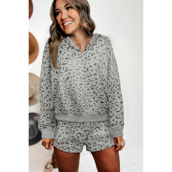Leopard Two-piece Long Sleeve Hooded Top and Shorts Lounge Set