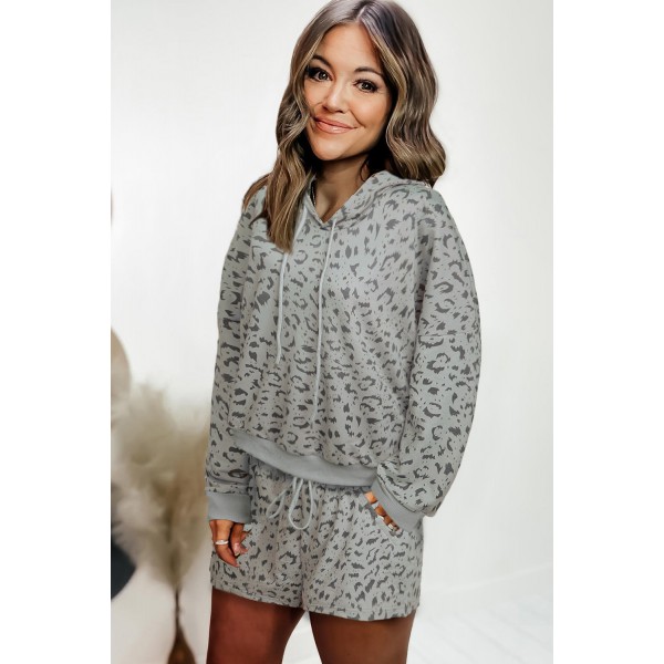 Leopard Two-piece Long Sleeve Hooded Top and Shorts Lounge Set