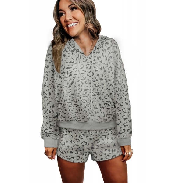 Leopard Two-piece Long Sleeve Hooded Top and Shorts Lounge Set