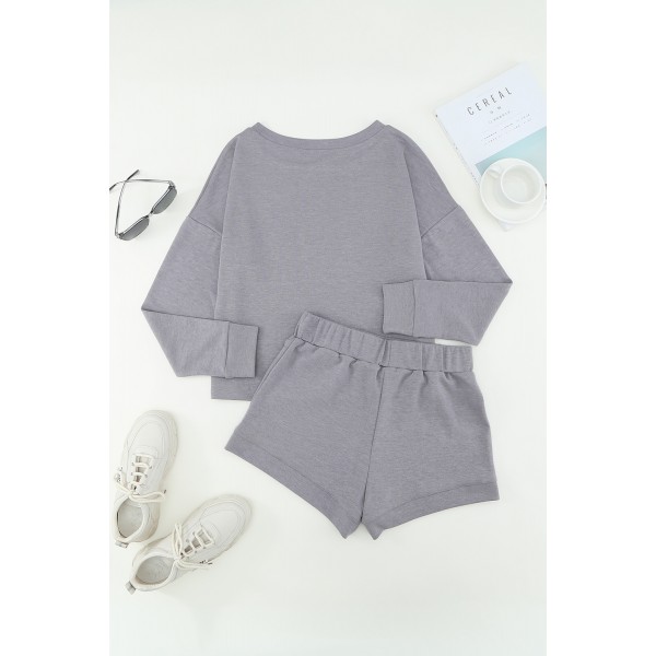 Grey Ribbed Knit Drop-Shoulder Sleeve Top and Shorts Lounge Set