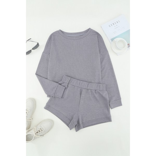 Grey Ribbed Knit Drop-Shoulder Sleeve Top and Shorts Lounge Set