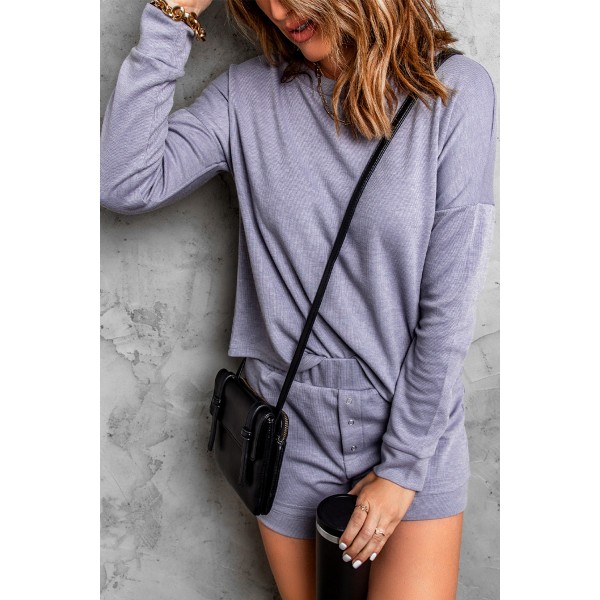Grey Ribbed Knit Drop-Shoulder Sleeve Top and Shorts Lounge Set
