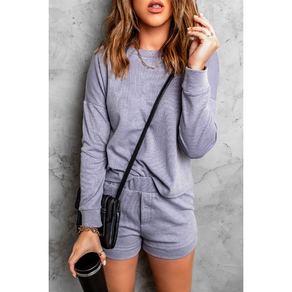 Grey Ribbed Knit Drop-Shoulder Sleeve Top and Shorts Lounge Set