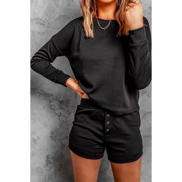 Black Ribbed Knit Drop-Shoulder Sleeve Top and Shorts Lounge Set