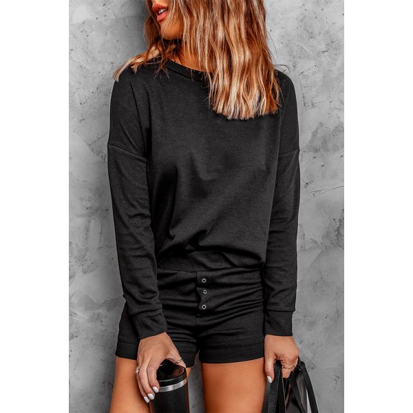 Black Ribbed Knit Drop-Shoulder Sleeve Top and Shorts Lounge Set