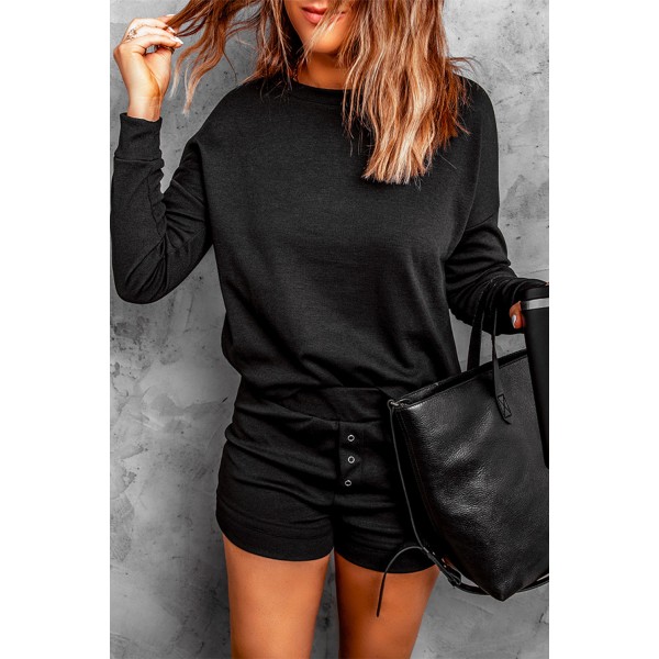 Black Ribbed Knit Drop-Shoulder Sleeve Top and Shorts Lounge Set