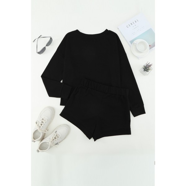 Black Ribbed Knit Drop-Shoulder Sleeve Top and Shorts Lounge Set