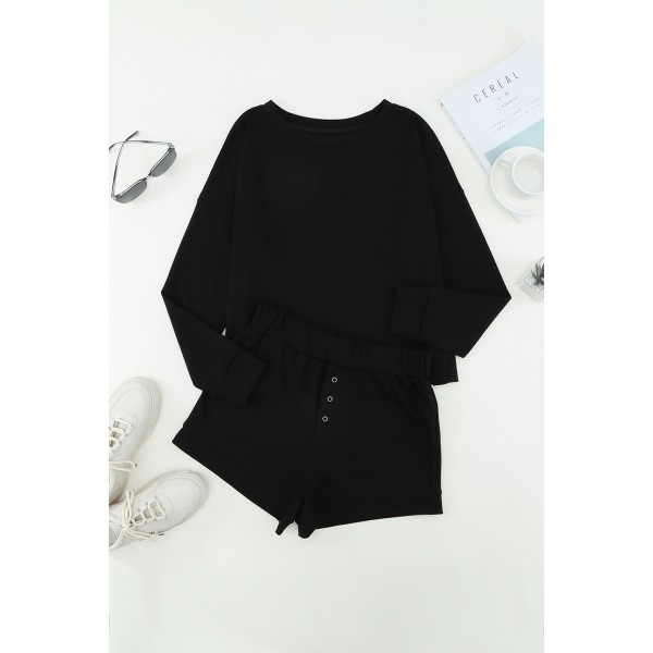 Black Ribbed Knit Drop-Shoulder Sleeve Top and Shorts Lounge Set