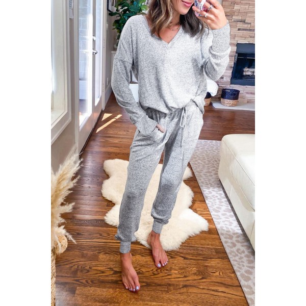 Gray V Neck Top and Elastic Waist Joggers Pants Lounge Set