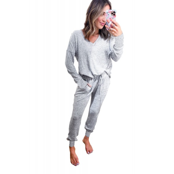 Gray V Neck Top and Elastic Waist Joggers Pants Lounge Set