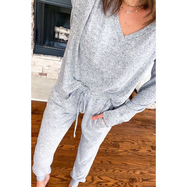 Gray V Neck Top and Elastic Waist Joggers Pants Lounge Set
