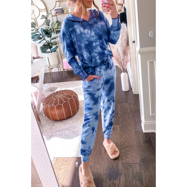 Blue Tie-Dye Drawstring Hoodie and Joggers Pants Loungewear Set
