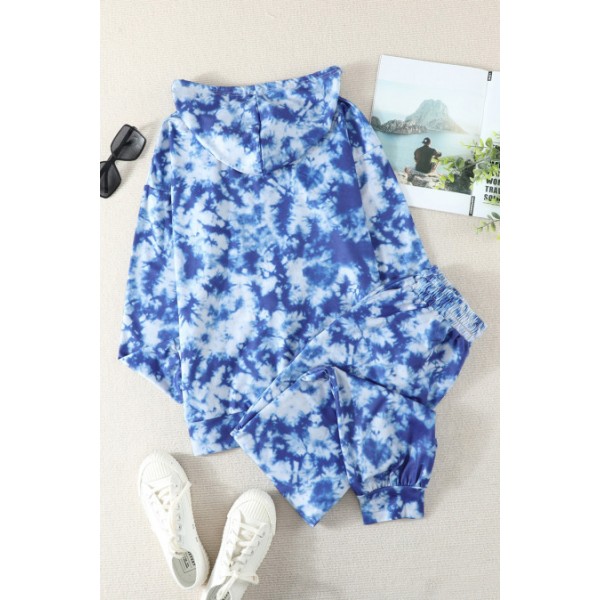 Blue Tie-Dye Drawstring Hoodie and Joggers Pants Loungewear Set
