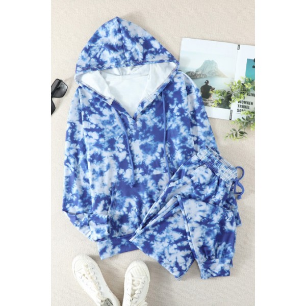Blue Tie-Dye Drawstring Hoodie and Joggers Pants Loungewear Set