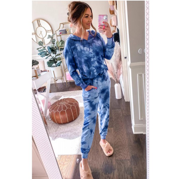 Blue Tie-Dye Drawstring Hoodie and Joggers Pants Loungewear Set
