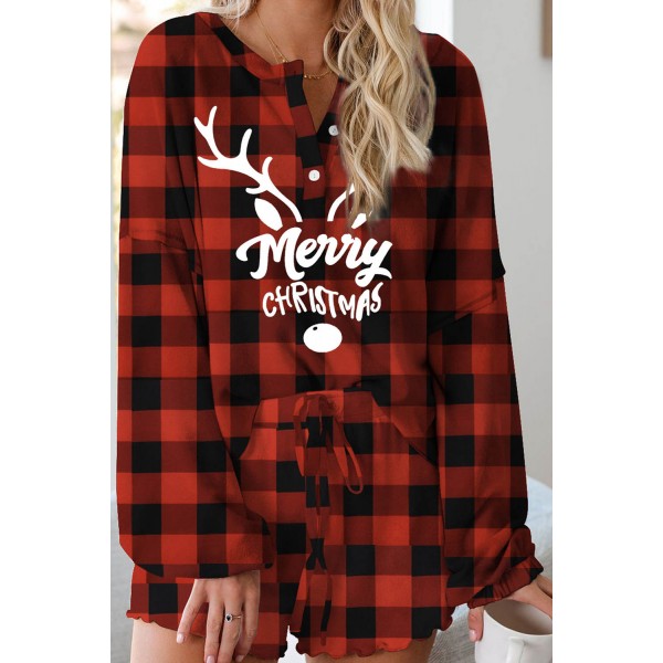 Christmas Plaid Letter Print Long Sleeve Top and Shorts Loungewear