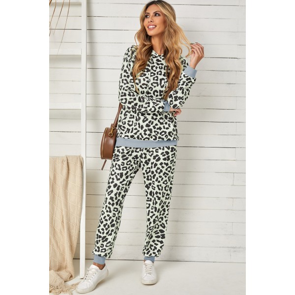 Leopard Print Hooded Top and Slim-fit Pants Loungewear