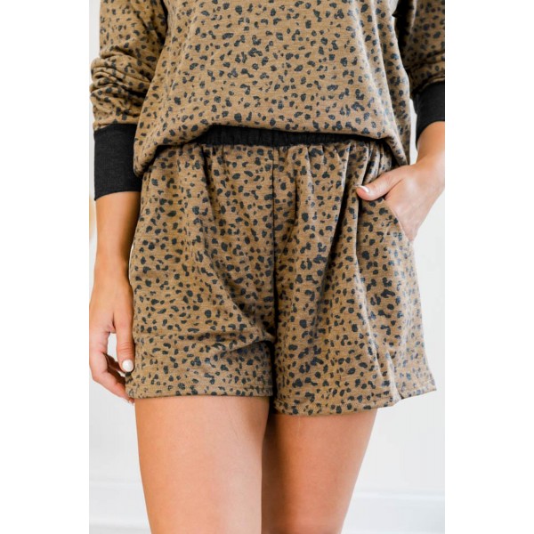 Leopard Print Hollow-out Blouse and Shorts Lounge Wear