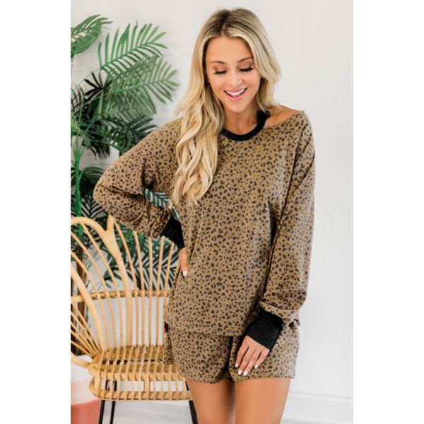 Leopard Print Hollow-out Blouse and Shorts Lounge Wear