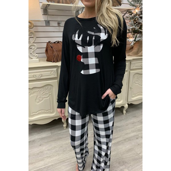 Plaid Christmas Reindeer Graphic Long Sleeve and Pants Lounge Set
